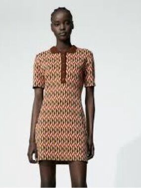 Zara retro geometric pattern sweater mini knit dress Sz L